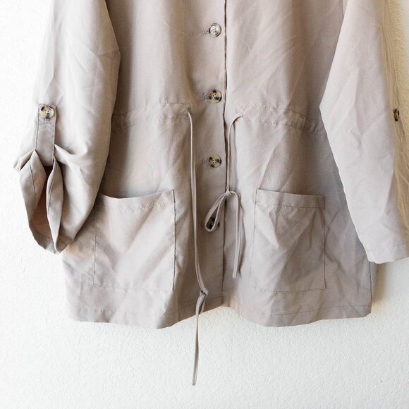 Bloomchic Lightweight Utility Jacket | Size 12 Taupe Button-Up Drawstring Coat - Picture 5 of 7